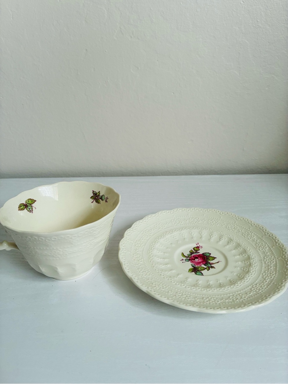 Vintage Floral Cream Tea Cup and Saucer - Pink Rose Motif